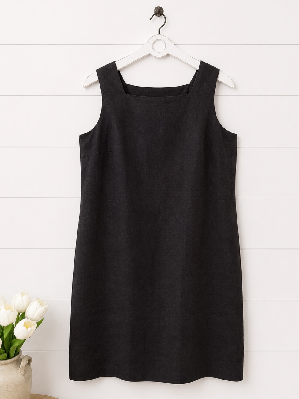 Talbots Black Sleeveless Square-Neck Shift Dress - Minimal Linen Look